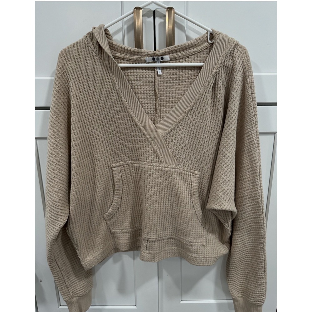 Three Dots Waffle Knit Hoodie Top Pullover V Neck Pocket Beige Small